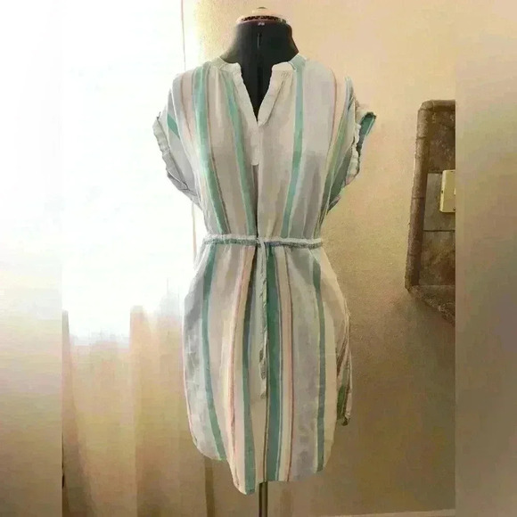 Time and Tru White and Neutral Colors Vertical Stripe Cinched Dress Women M - Picture 8 of 11